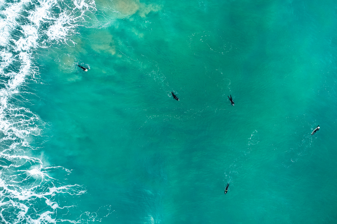 An overhead view of surfers in the ocean. The water is a deep teal blue. The surfers wear black wetsuits.